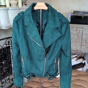 Romeo & Juliet Couture Green Faux Suede Leather Moto Jacket